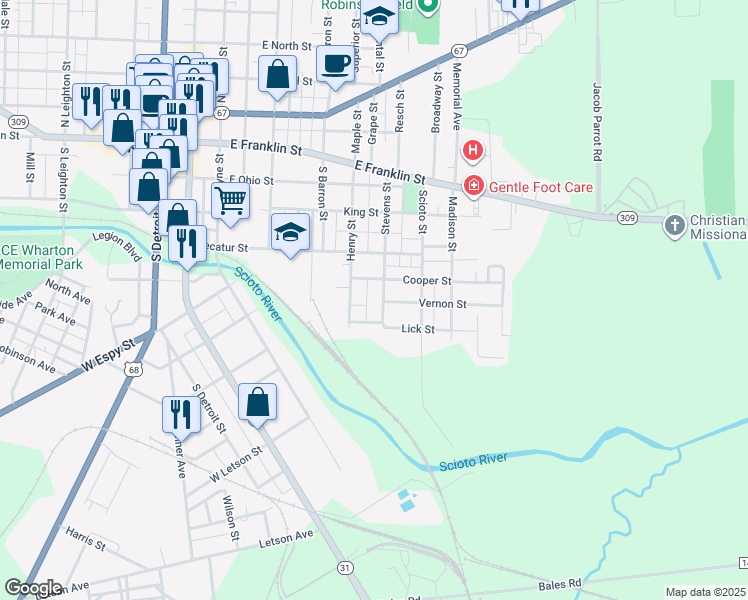 map of restaurants, bars, coffee shops, grocery stores, and more near 712 Cooper St in Kenton