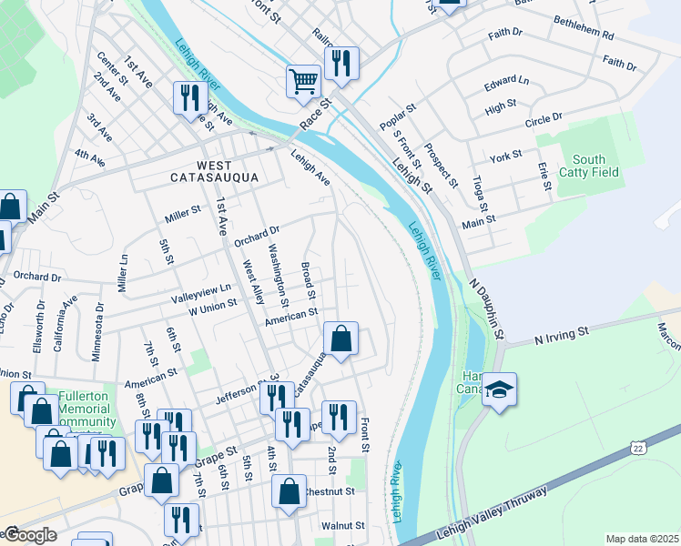 map of restaurants, bars, coffee shops, grocery stores, and more near 1215 Catasauqua Road in Fullerton