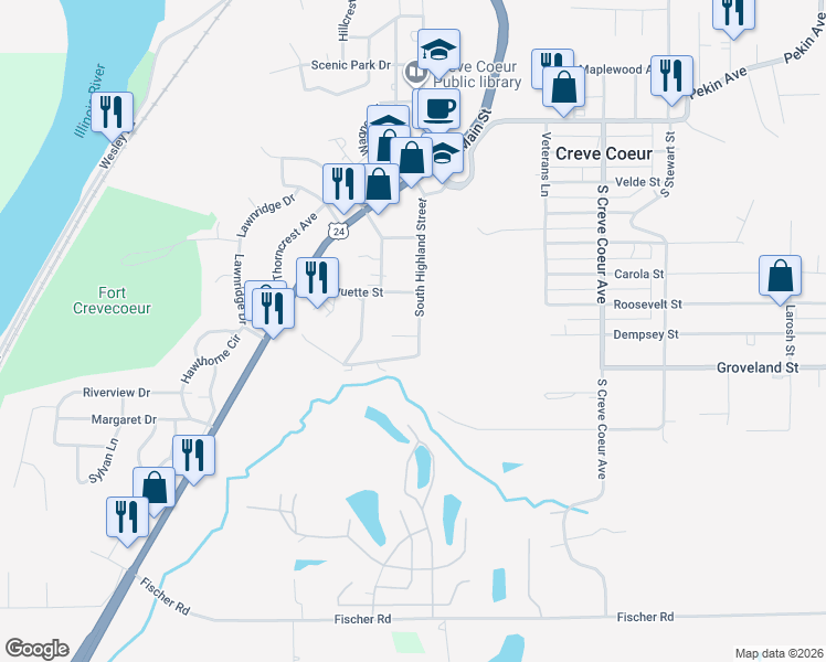 map of restaurants, bars, coffee shops, grocery stores, and more near 316 South Highland Street in Creve Coeur