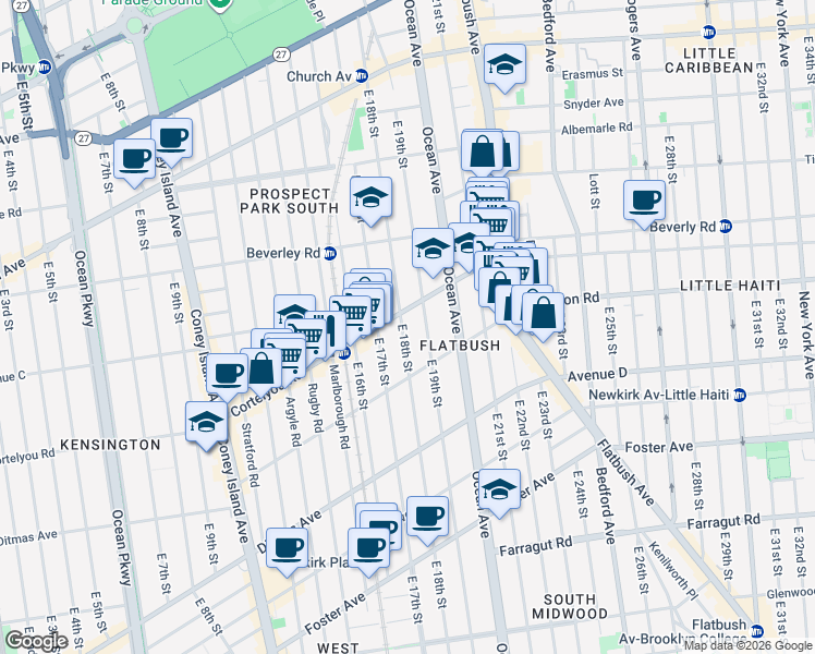 map of restaurants, bars, coffee shops, grocery stores, and more near 385 East 18th Street in Brooklyn