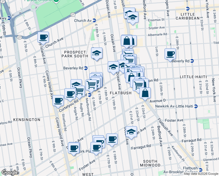 map of restaurants, bars, coffee shops, grocery stores, and more near 309 East 19th Street in Brooklyn
