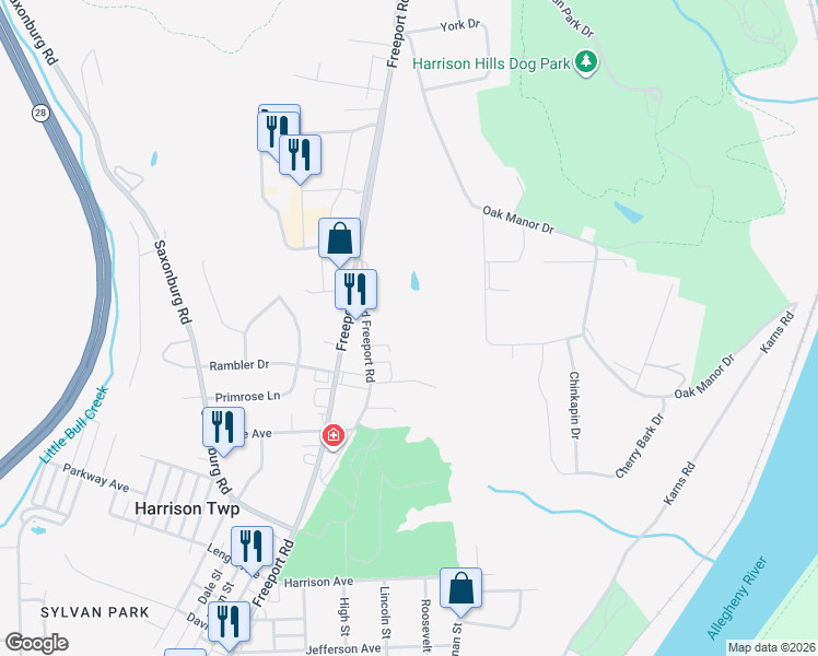 map of restaurants, bars, coffee shops, grocery stores, and more near 3034 Old Freeport Road in Natrona Heights