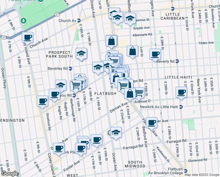 map of restaurants, bars, coffee shops, grocery stores, and more near 2017 Dorchester Road in Brooklyn