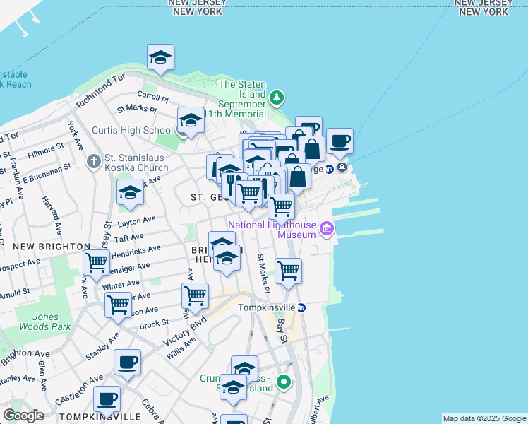 map of restaurants, bars, coffee shops, grocery stores, and more near 325 Saint Marks Place in Staten Island