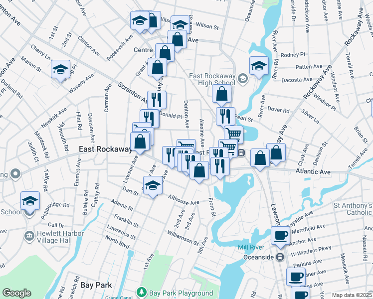 map of restaurants, bars, coffee shops, grocery stores, and more near 59 Denton Avenue in East Rockaway