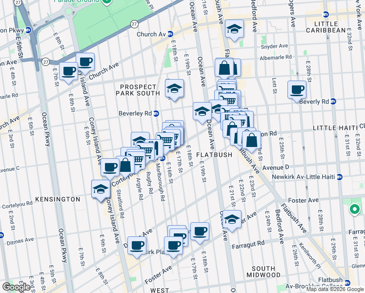map of restaurants, bars, coffee shops, grocery stores, and more near 380 East 18th Street in Brooklyn