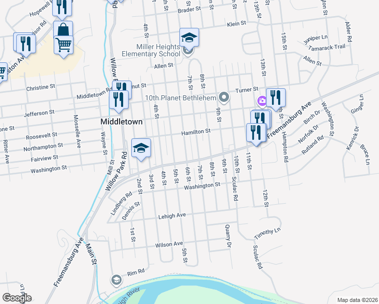 map of restaurants, bars, coffee shops, grocery stores, and more near 1822 6th Street in Bethlehem