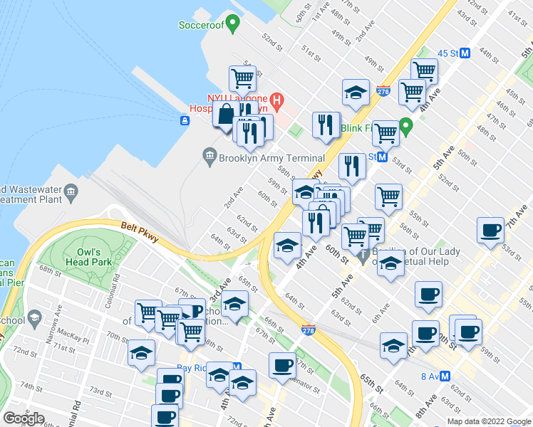 map of restaurants, bars, coffee shops, grocery stores, and more near 241 61st Street in Brooklyn