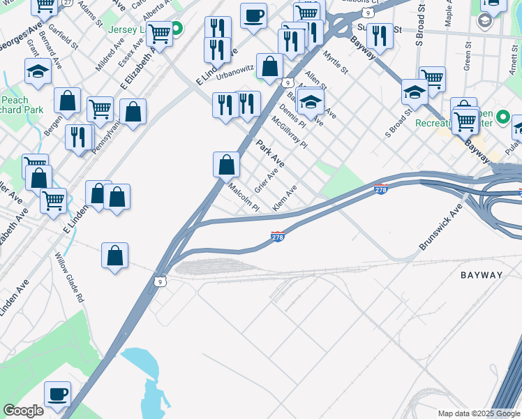 map of restaurants, bars, coffee shops, grocery stores, and more near 814 Gilchrist Avenue in Linden