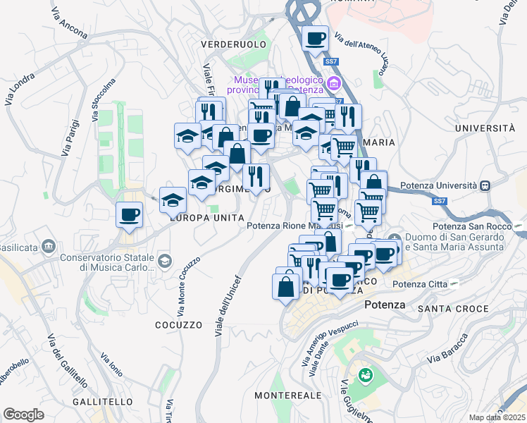map of restaurants, bars, coffee shops, grocery stores, and more near 6 Via Maratea in Potenza