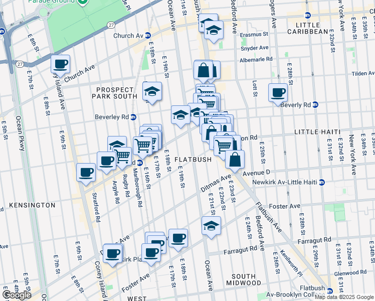 map of restaurants, bars, coffee shops, grocery stores, and more near 832 Ocean Avenue in Brooklyn