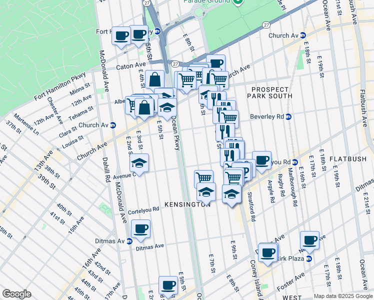 map of restaurants, bars, coffee shops, grocery stores, and more near 305 Ocean Parkway in Brooklyn