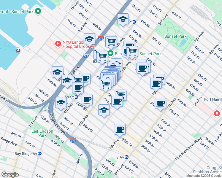 map of restaurants, bars, coffee shops, grocery stores, and more near 508 55th Street in Brooklyn