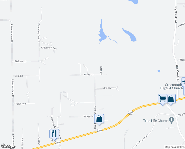 map of restaurants, bars, coffee shops, grocery stores, and more near 17318 Kathy Lane in Redding