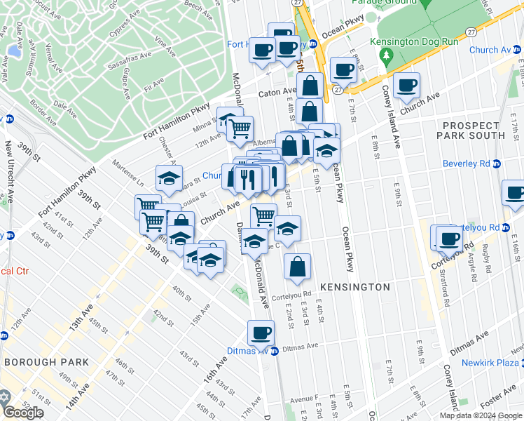 map of restaurants, bars, coffee shops, grocery stores, and more near 497 McDonald Avenue in Brooklyn