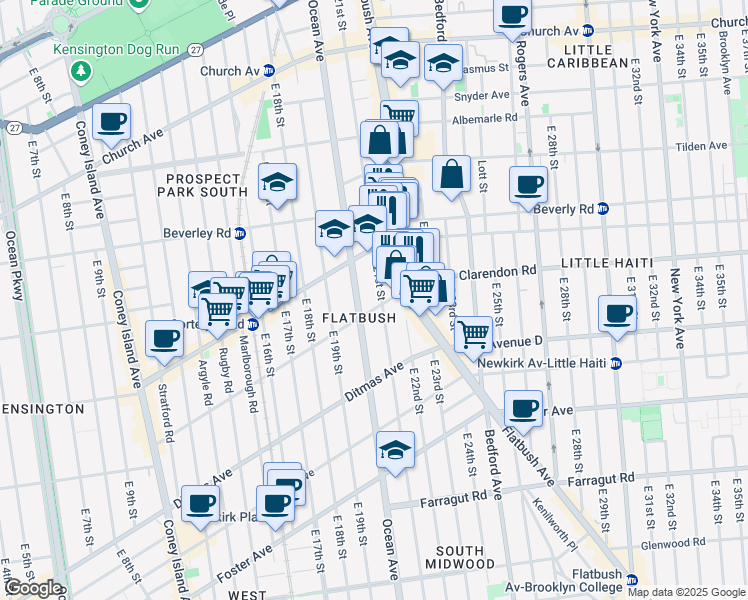 map of restaurants, bars, coffee shops, grocery stores, and more near 2015 Dorchester Road in Brooklyn