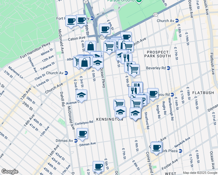 map of restaurants, bars, coffee shops, grocery stores, and more near 305 Ocean Parkway in Brooklyn
