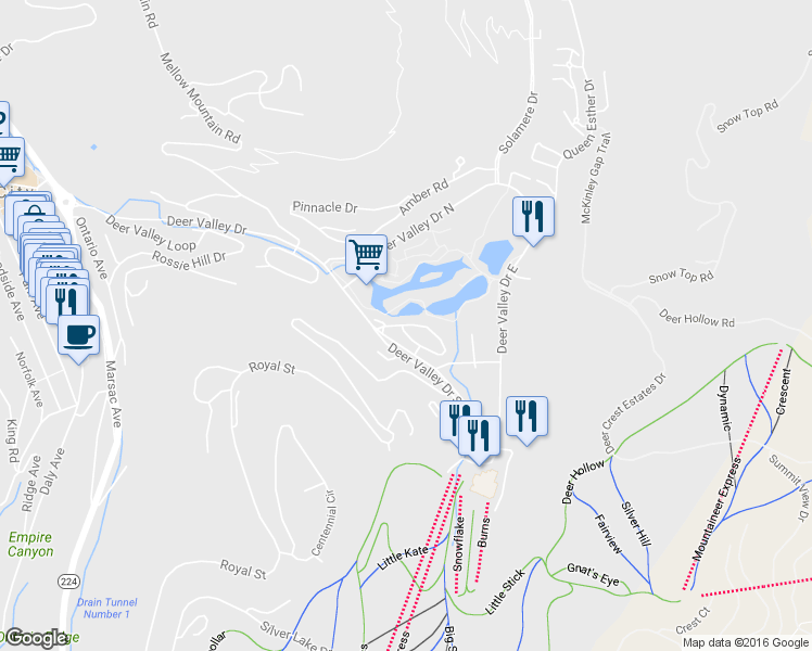 map of restaurants, bars, coffee shops, grocery stores, and more near 1521 Lakeside Dr in Park City