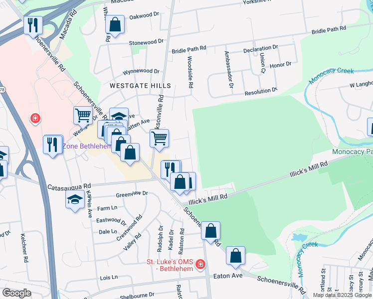 map of restaurants, bars, coffee shops, grocery stores, and more near 1935 Rosewood Drive in Bethlehem