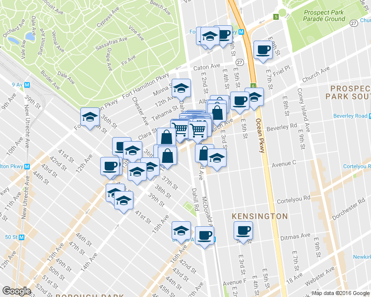 map of restaurants, bars, coffee shops, grocery stores, and more near 210 Dahill Road in Brooklyn