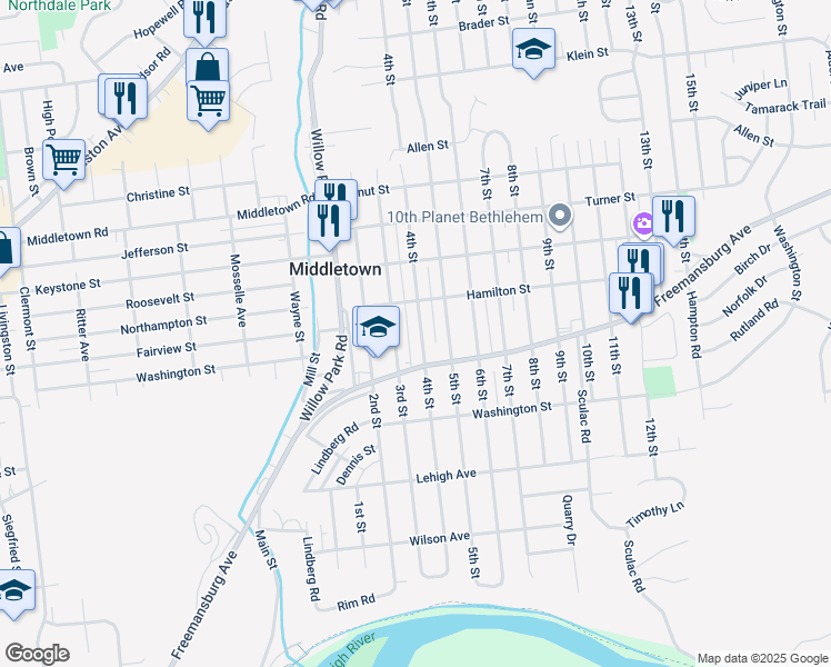map of restaurants, bars, coffee shops, grocery stores, and more near 1833 4th Street in Bethlehem