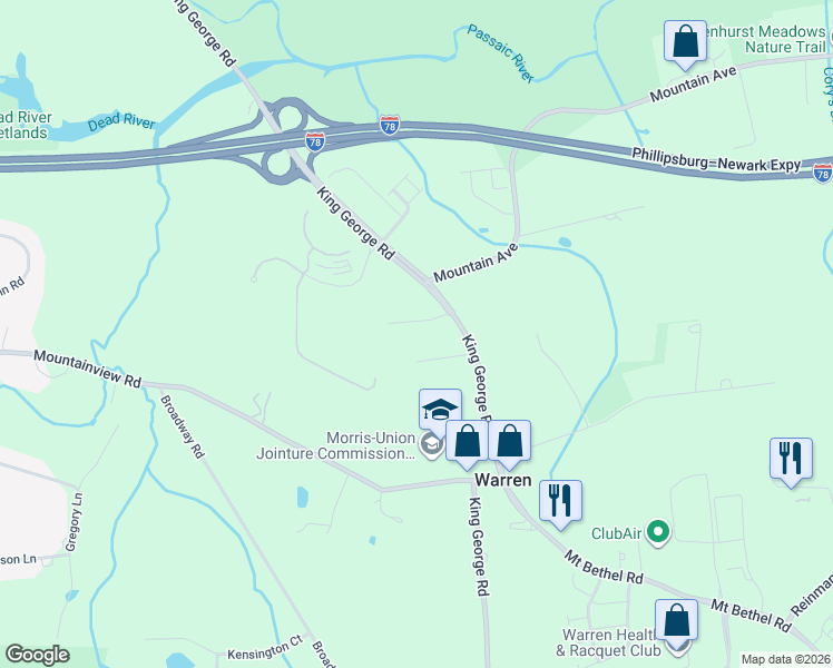 map of restaurants, bars, coffee shops, grocery stores, and more near 4A Deerfield Road in Warren