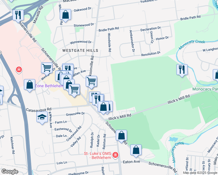 map of restaurants, bars, coffee shops, grocery stores, and more near 1935 Rosewood Drive in Bethlehem