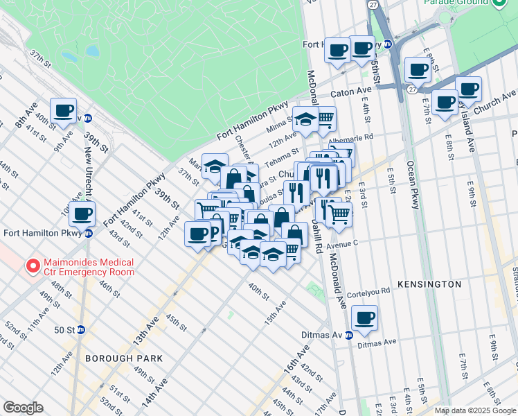 map of restaurants, bars, coffee shops, grocery stores, and more near 97 Louisa Street in Brooklyn