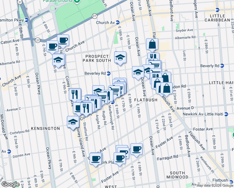 map of restaurants, bars, coffee shops, grocery stores, and more near 333 East 16th Street in Brooklyn