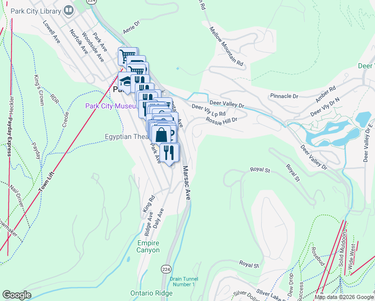 map of restaurants, bars, coffee shops, grocery stores, and more near 247 Ontario Avenue in Park City