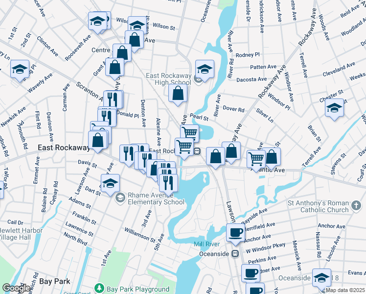 map of restaurants, bars, coffee shops, grocery stores, and more near 350 Ocean Avenue in East Rockaway