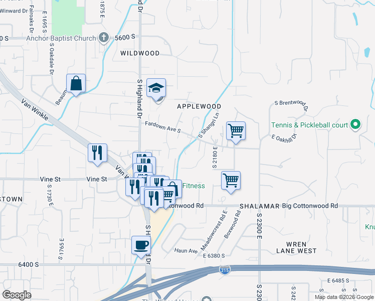 map of restaurants, bars, coffee shops, grocery stores, and more near 2071 East Renoir Circle in Holladay