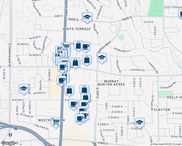 map of restaurants, bars, coffee shops, grocery stores, and more near 262 5900 South in Murray