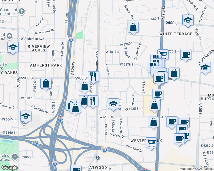 map of restaurants, bars, coffee shops, grocery stores, and more near 185 West 5900 South in Murray