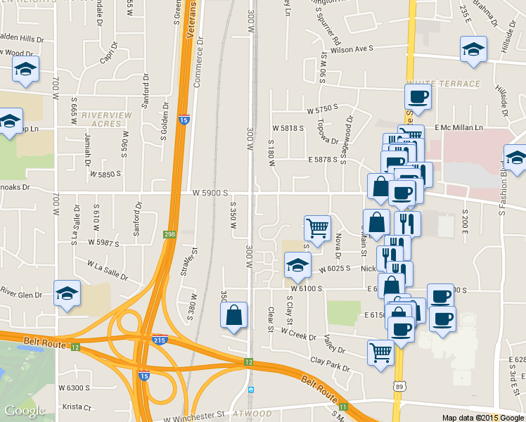map of restaurants, bars, coffee shops, grocery stores, and more near 185 West 5900 South in Murray