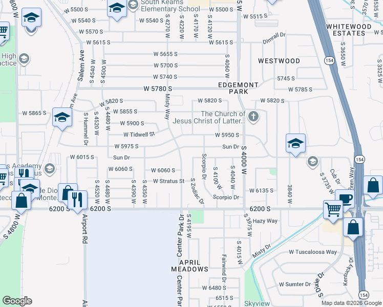 map of restaurants, bars, coffee shops, grocery stores, and more near 4219 Sun Drive in Kearns