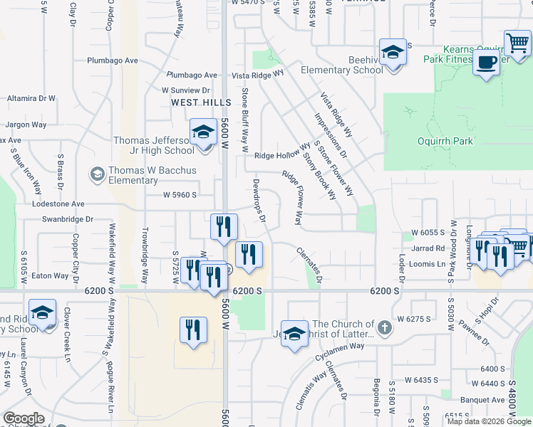 map of restaurants, bars, coffee shops, grocery stores, and more near 5471 Pleasant Ridge Drive in Kearns