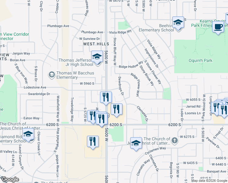 map of restaurants, bars, coffee shops, grocery stores, and more near 5532 Lodestone Avenue in Kearns
