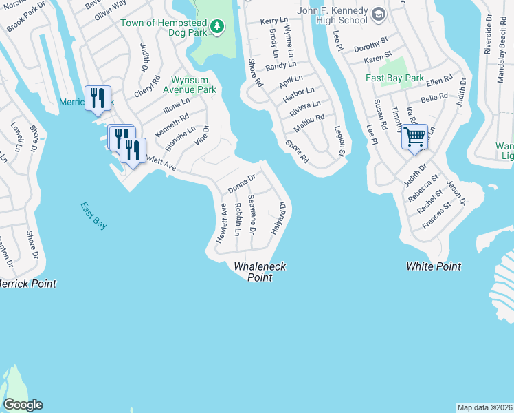 map of restaurants, bars, coffee shops, grocery stores, and more near 2114 Pemaco Road in Merrick