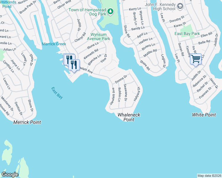 map of restaurants, bars, coffee shops, grocery stores, and more near 3288 Hewlett Avenue in Merrick
