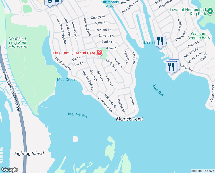 map of restaurants, bars, coffee shops, grocery stores, and more near 3000 Lonni Lane in Merrick