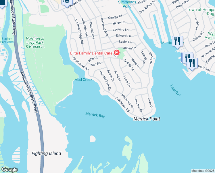 map of restaurants, bars, coffee shops, grocery stores, and more near 2980 Holiday Park Drive in Merrick