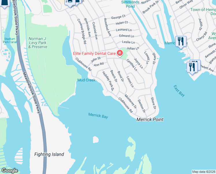 map of restaurants, bars, coffee shops, grocery stores, and more near 2980 Holiday Park Drive in Merrick