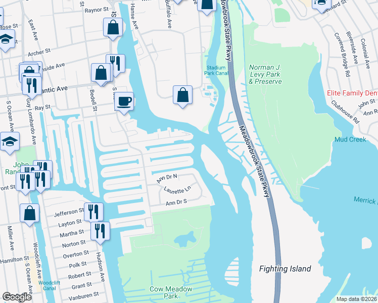 map of restaurants, bars, coffee shops, grocery stores, and more near 111 East 1st Street in Freeport