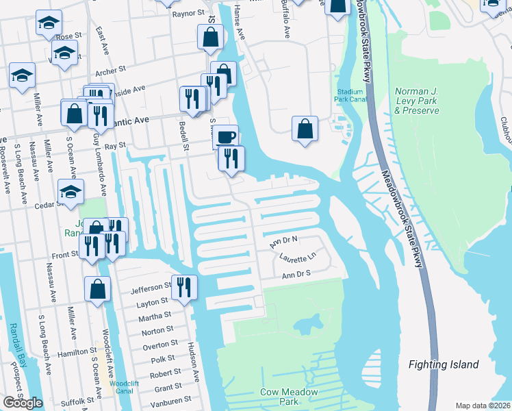 map of restaurants, bars, coffee shops, grocery stores, and more near 26 East Bedell Street in Freeport