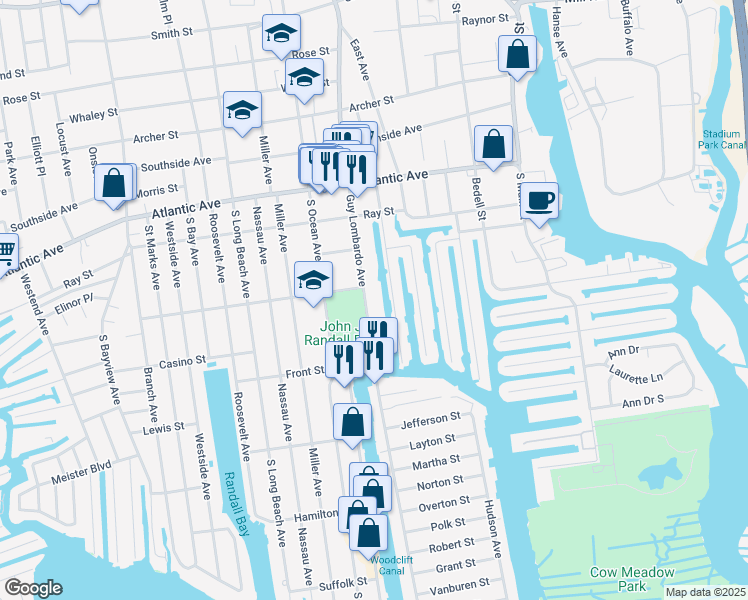 map of restaurants, bars, coffee shops, grocery stores, and more near 419 Guy Lombardo Avenue in Freeport