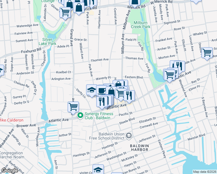 map of restaurants, bars, coffee shops, grocery stores, and more near 2755 Homan Place in Baldwin