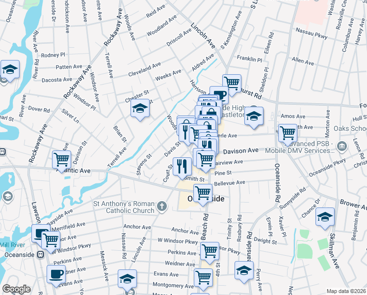 map of restaurants, bars, coffee shops, grocery stores, and more near 2874 Davis Street in Oceanside