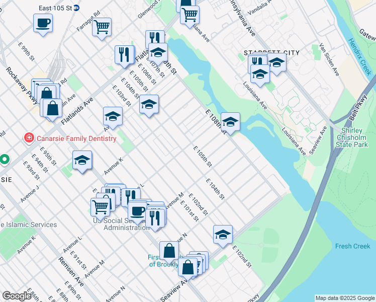 map of restaurants, bars, coffee shops, grocery stores, and more near 10405 Avenue L in Brooklyn