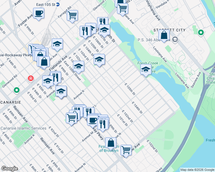 map of restaurants, bars, coffee shops, grocery stores, and more near 1143 East 103rd Street in Brooklyn